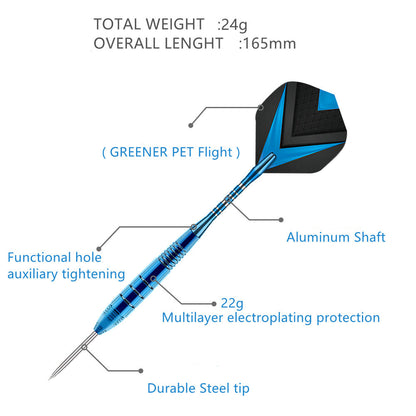 3 Pieces Professional Steel Tip Aluminum Darts Set - 24g, 165mm, Blue POMA