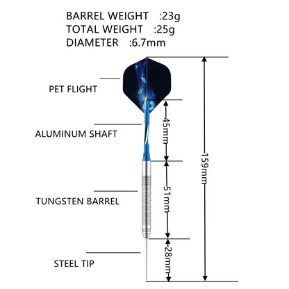 3 Pieces Steel Tip Tungsten Darts Set - 25g, 159mm,  Blue