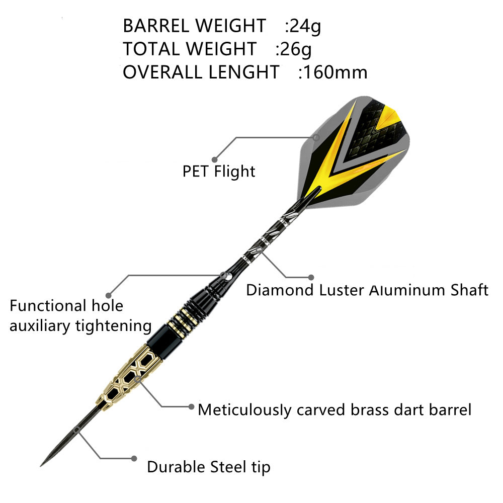 3 Pieces Swift Professional Steel Tip Brass Barrel Darts Set - 26g, 160mm, Yellow